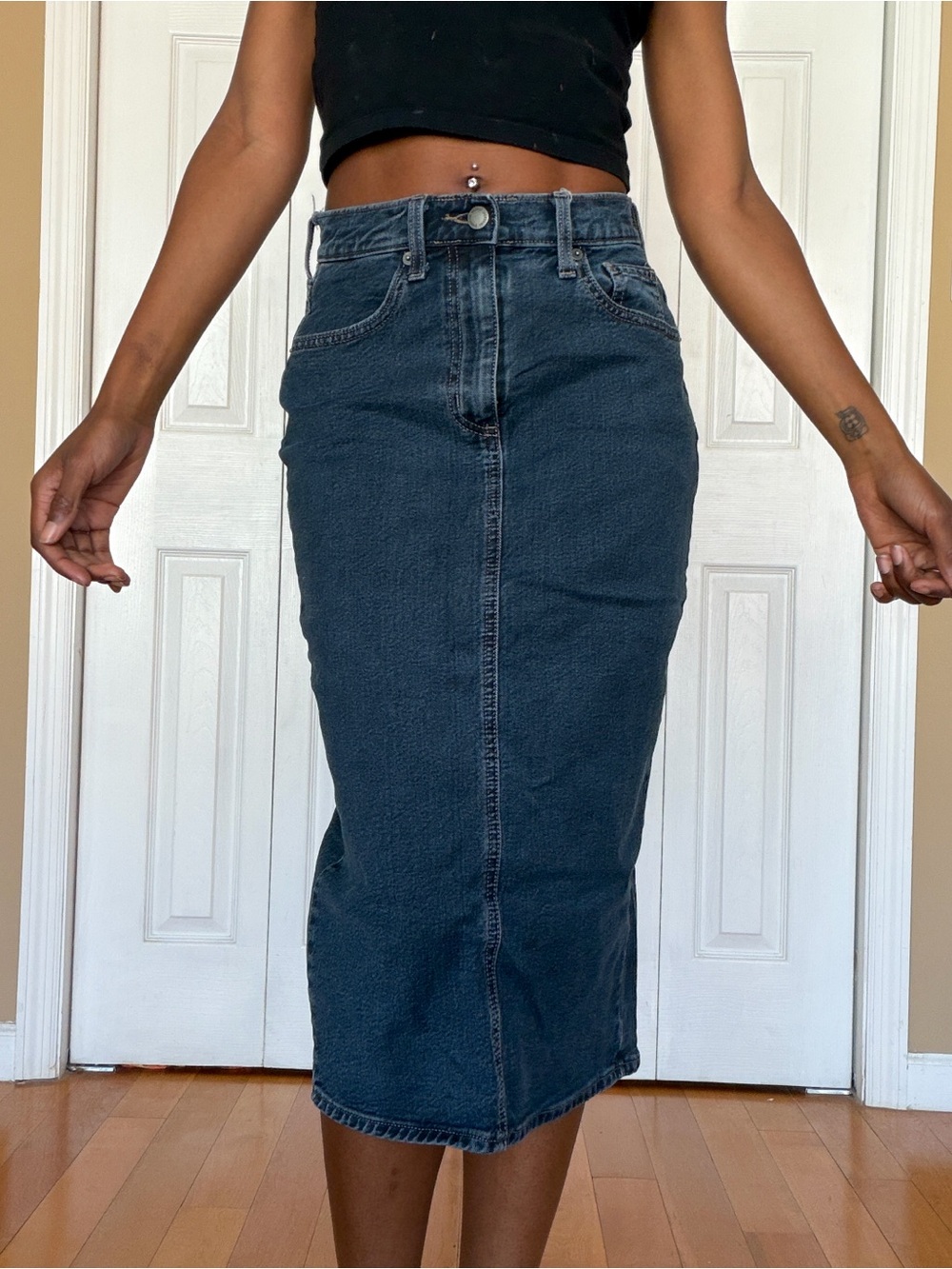 Universal Thread High-Rise Charcoal Denim Midi Skirt